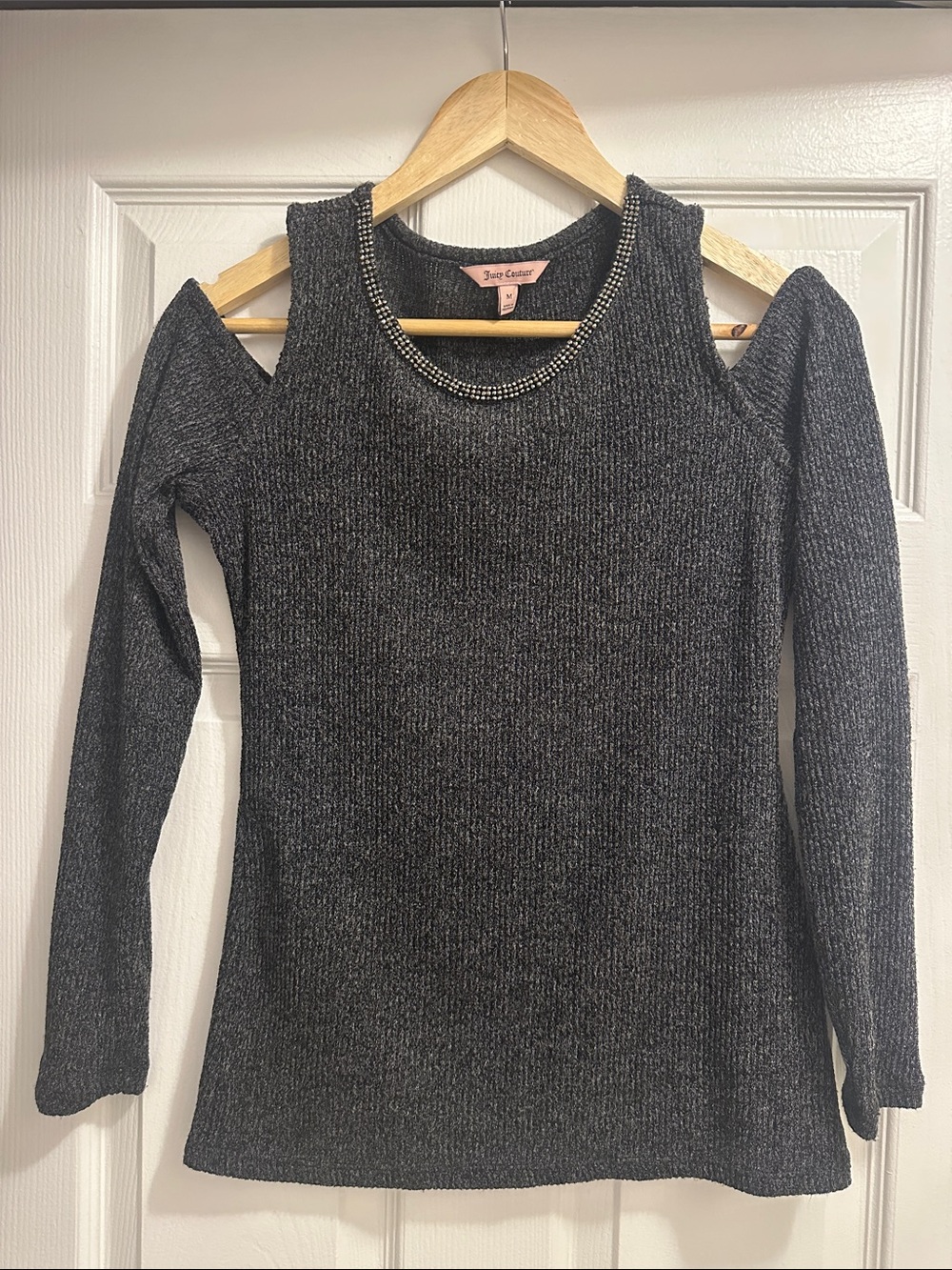 Juicy Couture Charcoal Gray Cold-Shoulder Knit Top with Beaded Neckline